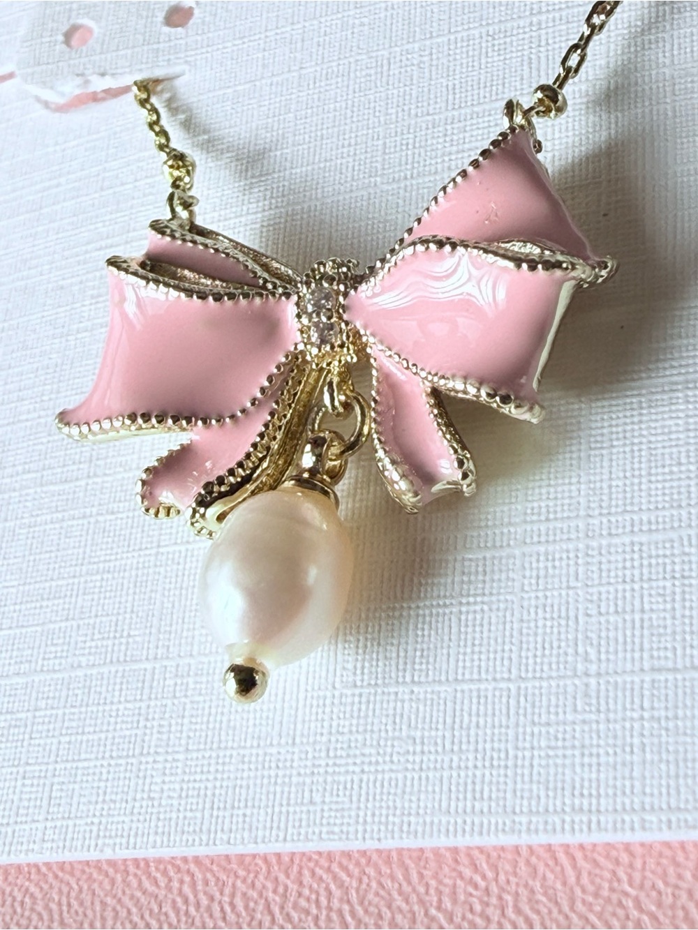 Kendra Scott x LoveShackFancy Pink Enamel Bow Necklace with Pearl 16” - Picture 2 of 6